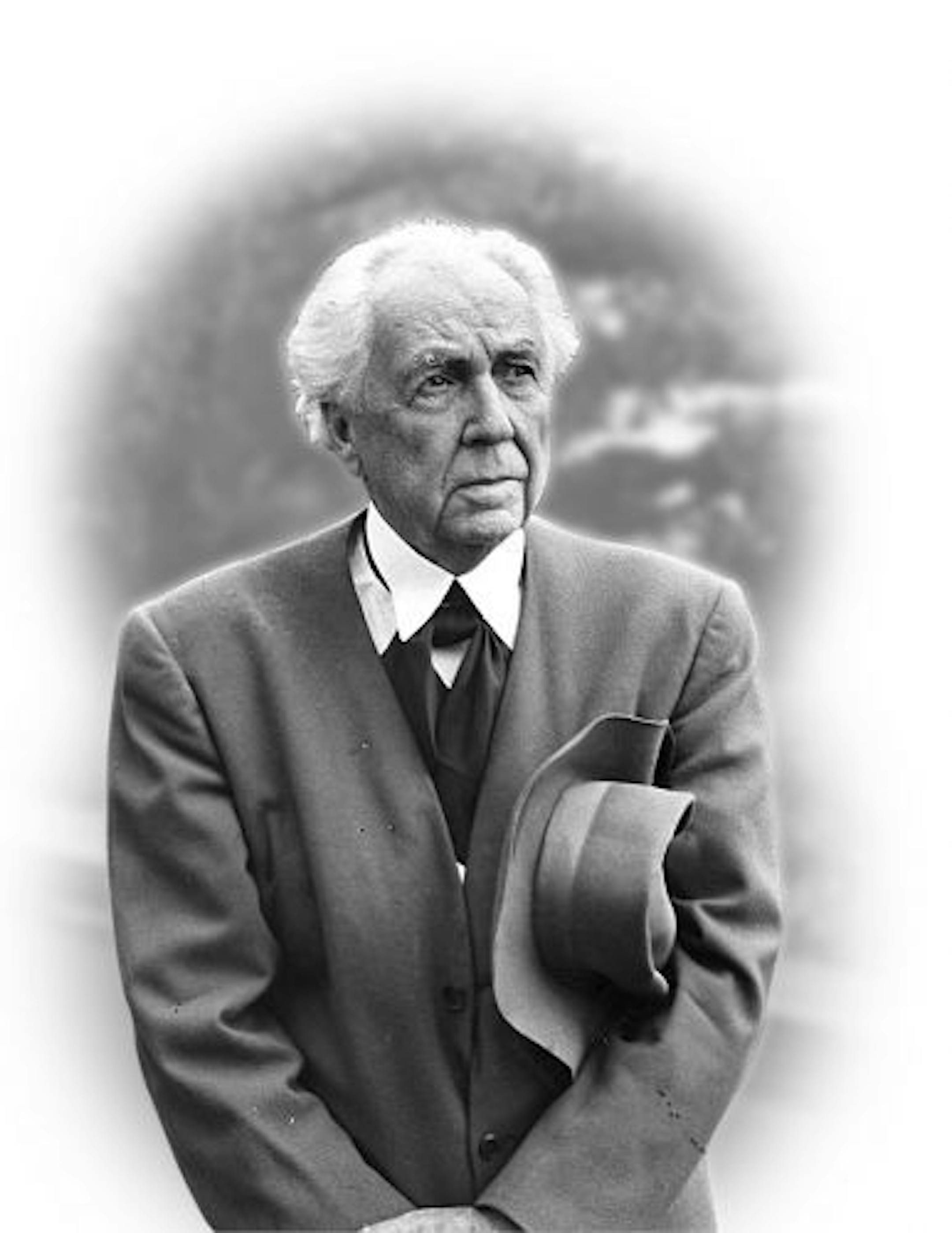 FRANK LLOYD WRIGHT, architect. Photo from June 12, 1949, Minneapolis Tribune, says: "The 'Genius,' Frank Lloyd Wright, and pork-pie hat / 'Farm boy' gazes out over his beloved native Wisconsin valley." Minneapolis Tribune (now Star Tribune) photo.
