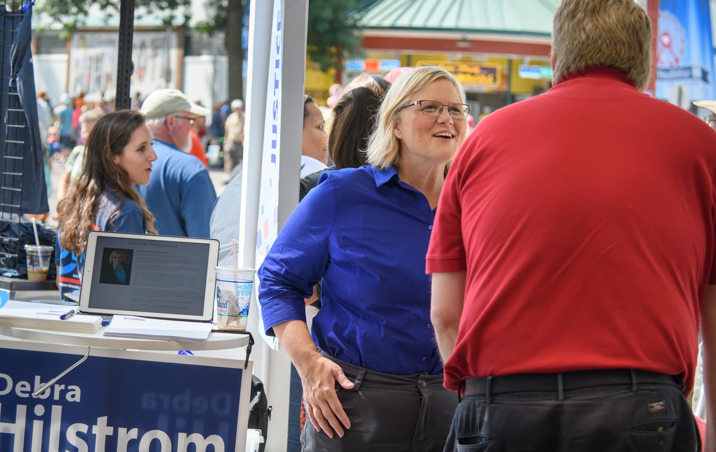 DFL candidate for Attorney General Debra Hilstrom greeted fairgoers at the Minnesota State Fair. ] GLEN STUBBE &#x2022; glen.stubbe@startribune.com Thursday August 24, 2017