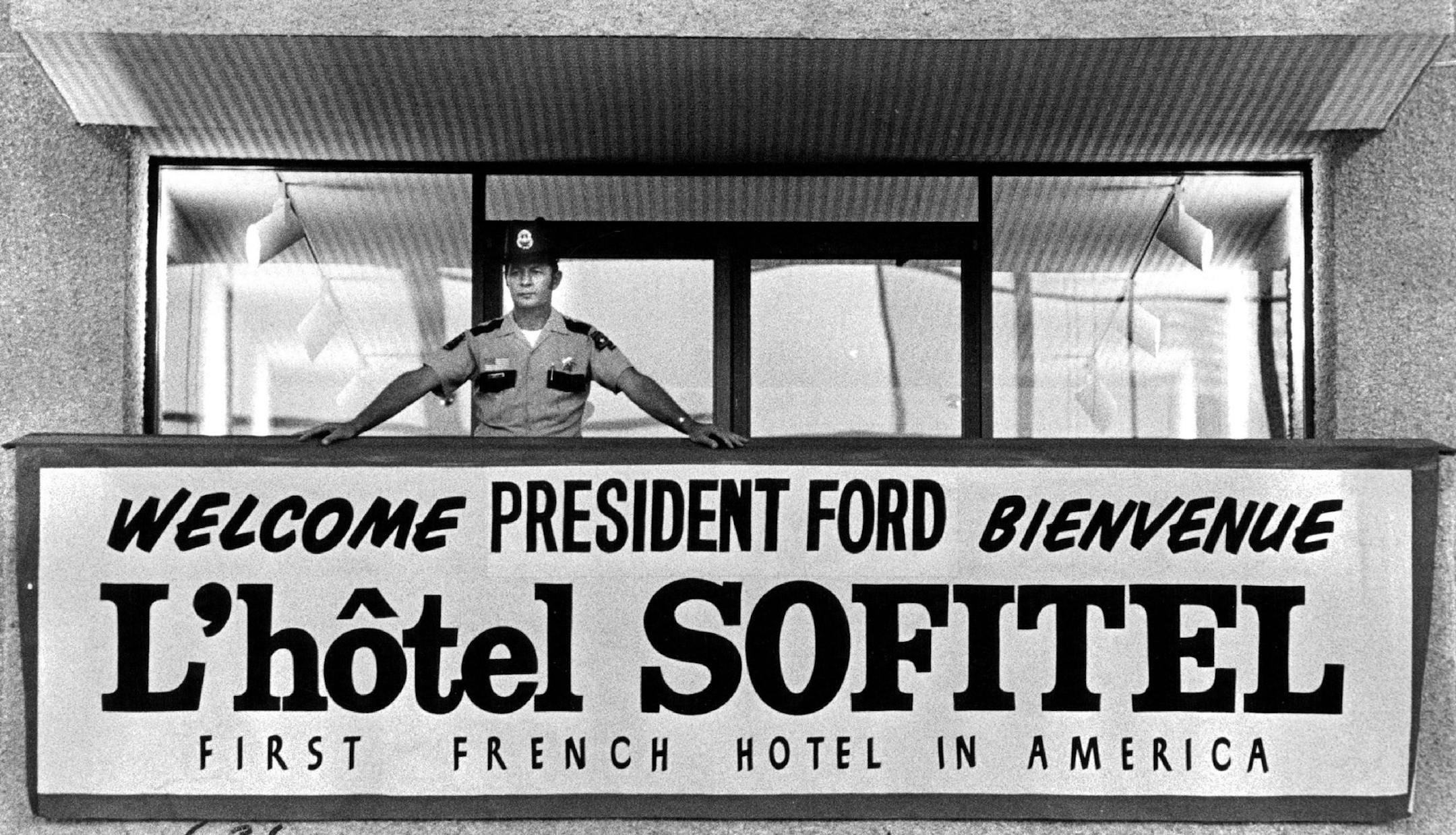 August 20, 1975 President Ford Bienvenue L'hotel Sofitel First French Hotel in America Politically, ,President Gerald Ford's visit to the Twin Cities yesterday may have been beneficial, both to the President and to local Republicans. But to the hundreds of local police, sheriff's deputies and his on palace guards, the Secret Service, the visit ended none to soon. Security measures were tough, from the airport where he landed to the Minneapolis Auditorium and convention gall where he addressed th