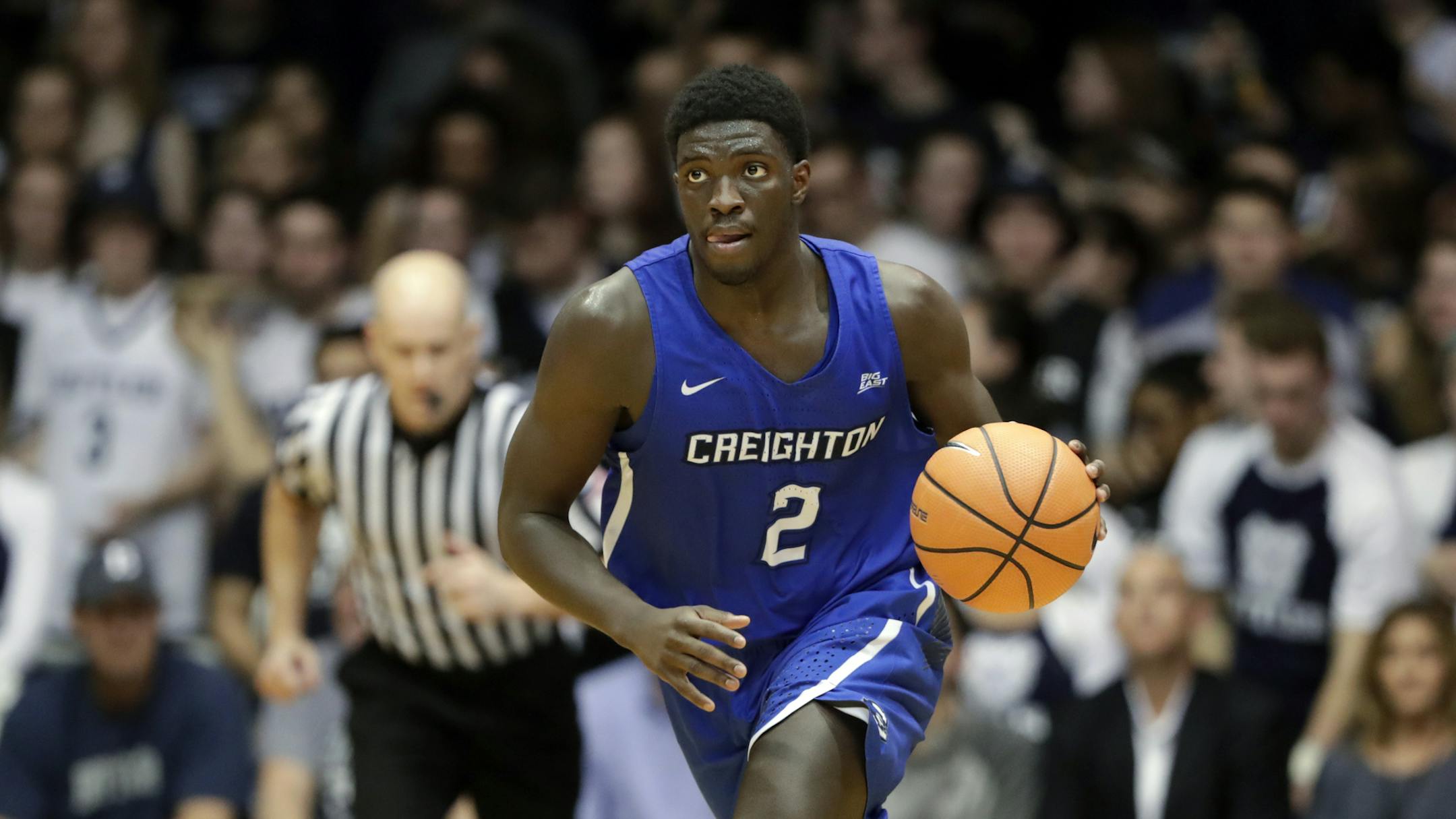 FILE - In this Feb. 20, 2018, file photo, Creighton guard Khyri Thomas (2) brings the ball up court against Butler in the second half of an NCAA college basketball game in Indianapolis. Thomas is a possible pick in Thursday's NBA Draft. (AP Photo/Michael Conroy, File) ORG XMIT: NY182