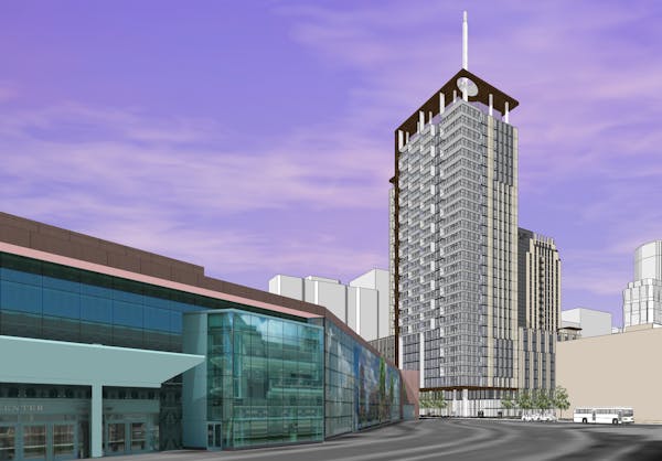 A rendering shows a preliminary concept of the 20-story residential tower that Alatus plans to build across the street from the Minneapolis Convention