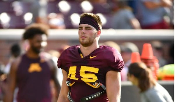 Gophers linebacker Carter Coughlin on the field during a team scrimmage in August 2016.
