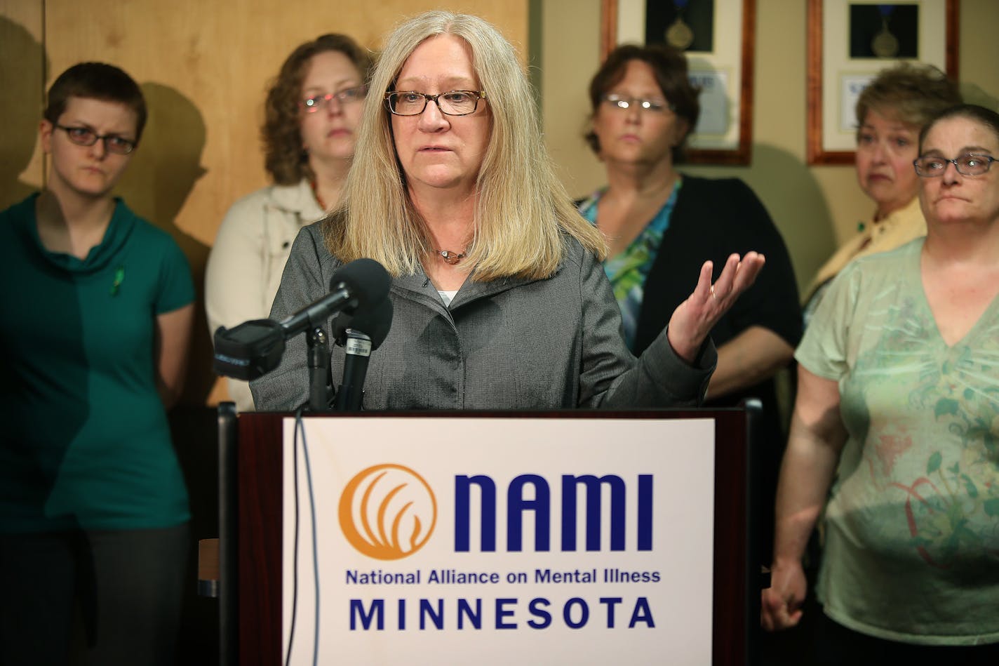 Sue Abderholden, executive director of NAMI Minnesota, spoke Thursday, May 22, 2014, in St. Paul at a press conference regarding the care and treatment of patients at the Minnesota Security Hospital in St. Peter, Minn.