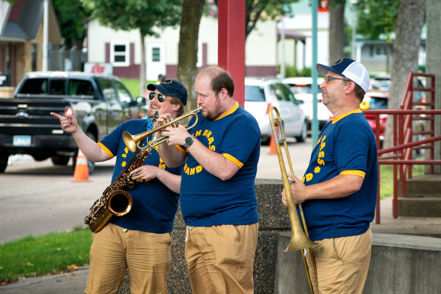 Members of the Jack Brass Band played for folks participating in the Minnesota State Fair Food Parade in the Visitor's Plaza at the corner of Dan Patch and Underwood. ] GLEN STUBBE • glen.stubbe@startribune.com Friday, August 21, 2020 Local octet the Jack Brass Band talks about their fun but odd "drive-through" gig playing all 13 days of the Minnesota State Fair Food Parade (continuing through Labor Day). It's a flip/reverse version of the New Orleans second-line march tradition that they're bas