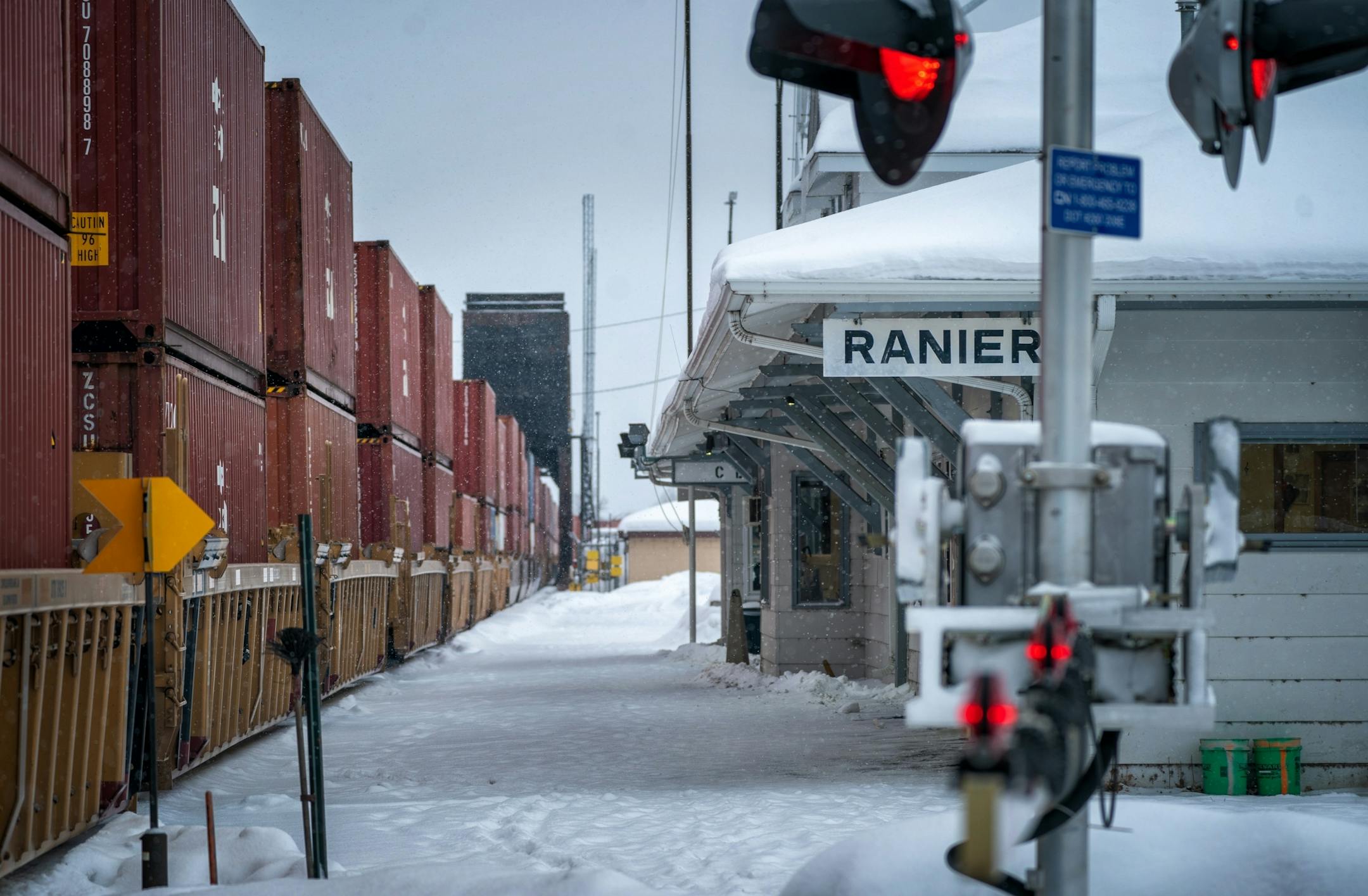 The cantilever bridge a block away from Cantilever Distillery and Hotel, where freight trains cross regularly to and from Canada. The bridge was a notorious bootlegging conduit during prohibition.