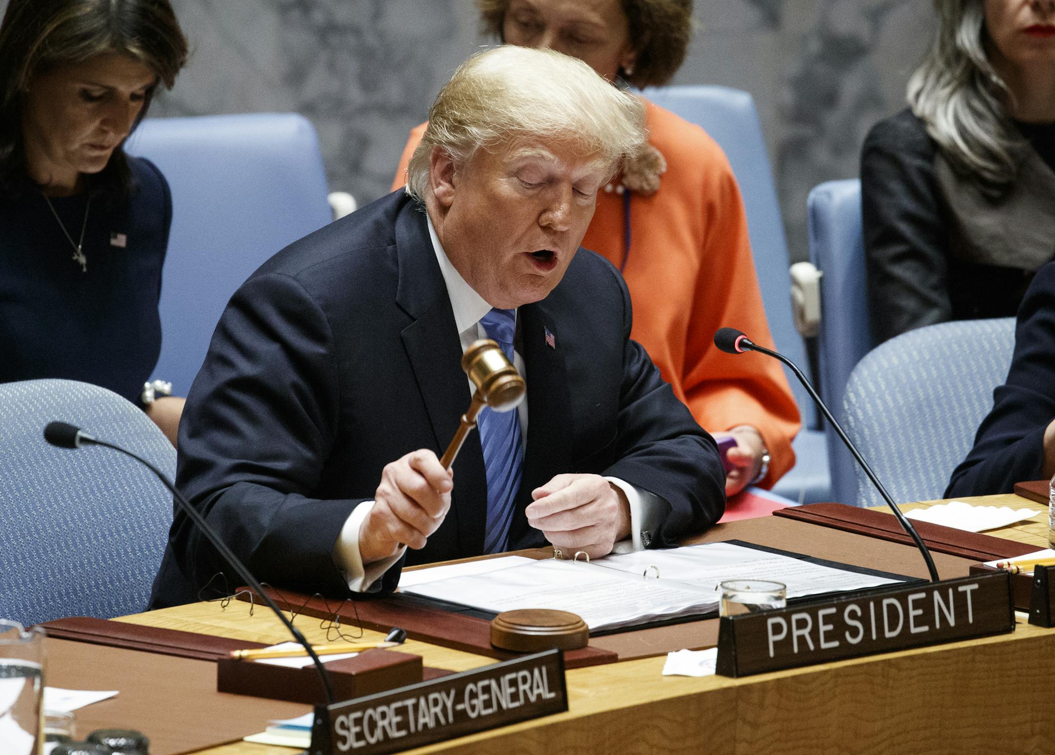 President Donald Trump participates in a United Nations Security Council briefing on counterproliferation at the United Nations General Assembly, Wednesday, Sept. 26, 2018, at U.N. Headquarters. (AP Photo/Evan Vucci)