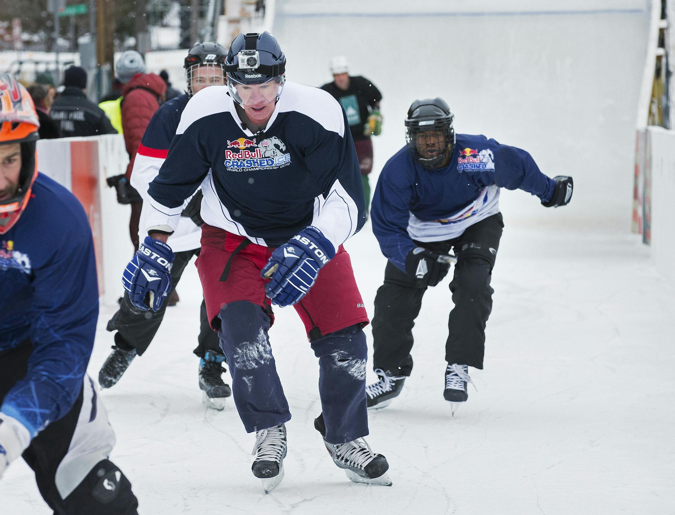 St. Paul Mayor Chris Coleman skates back up a section of the Red Bull Crashed Ice course in St. Paul on Wednesday, January 21, 2015. ] LEILA NAVIDI leila.navidi@startribune.com / ORG XMIT: MIN1501211443215034