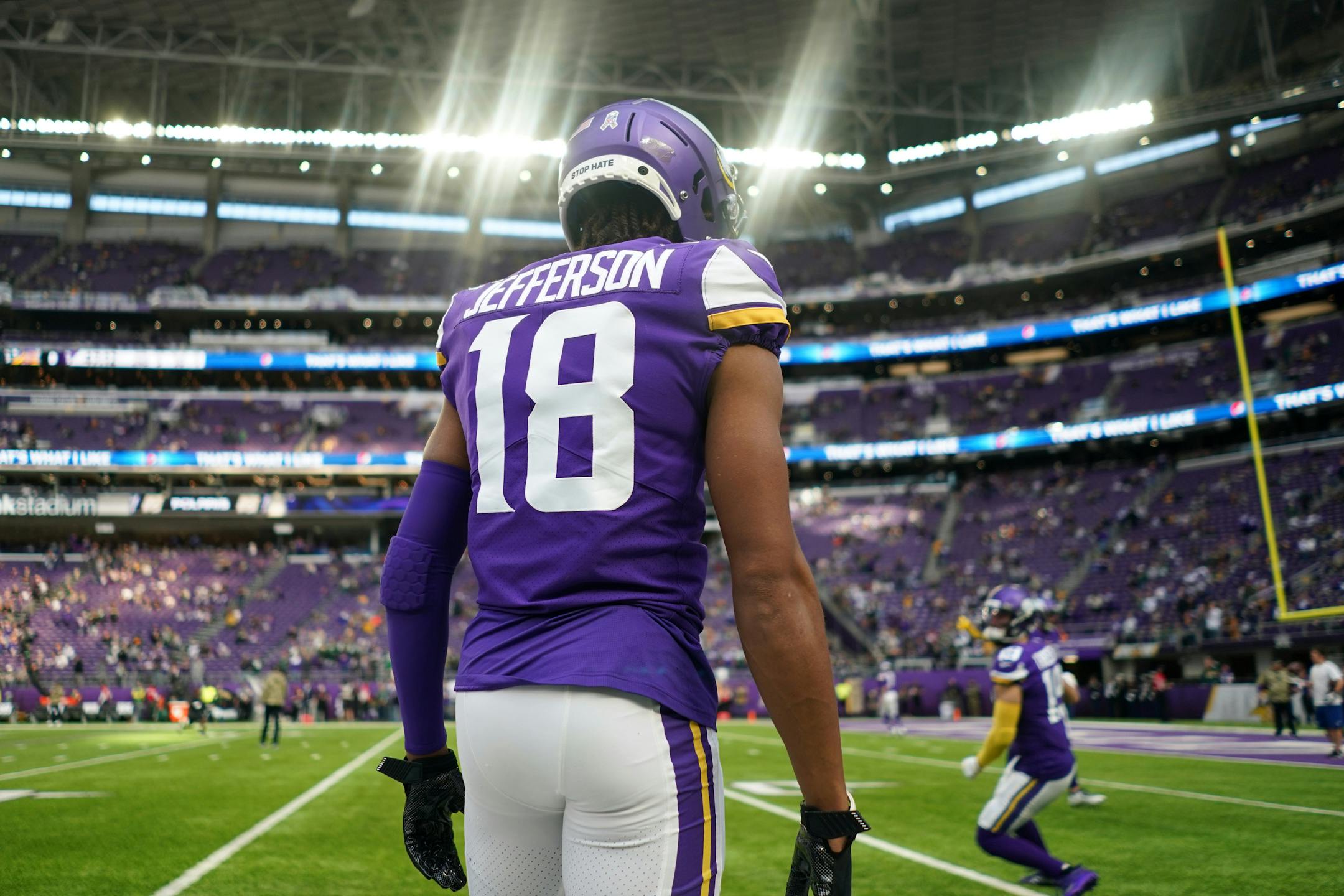 Minnesota Vikings wide receiver Justin Jefferson (18) warmed up ahead of an NFL game between the Minnesota Vikings and the Green Bay Packers.