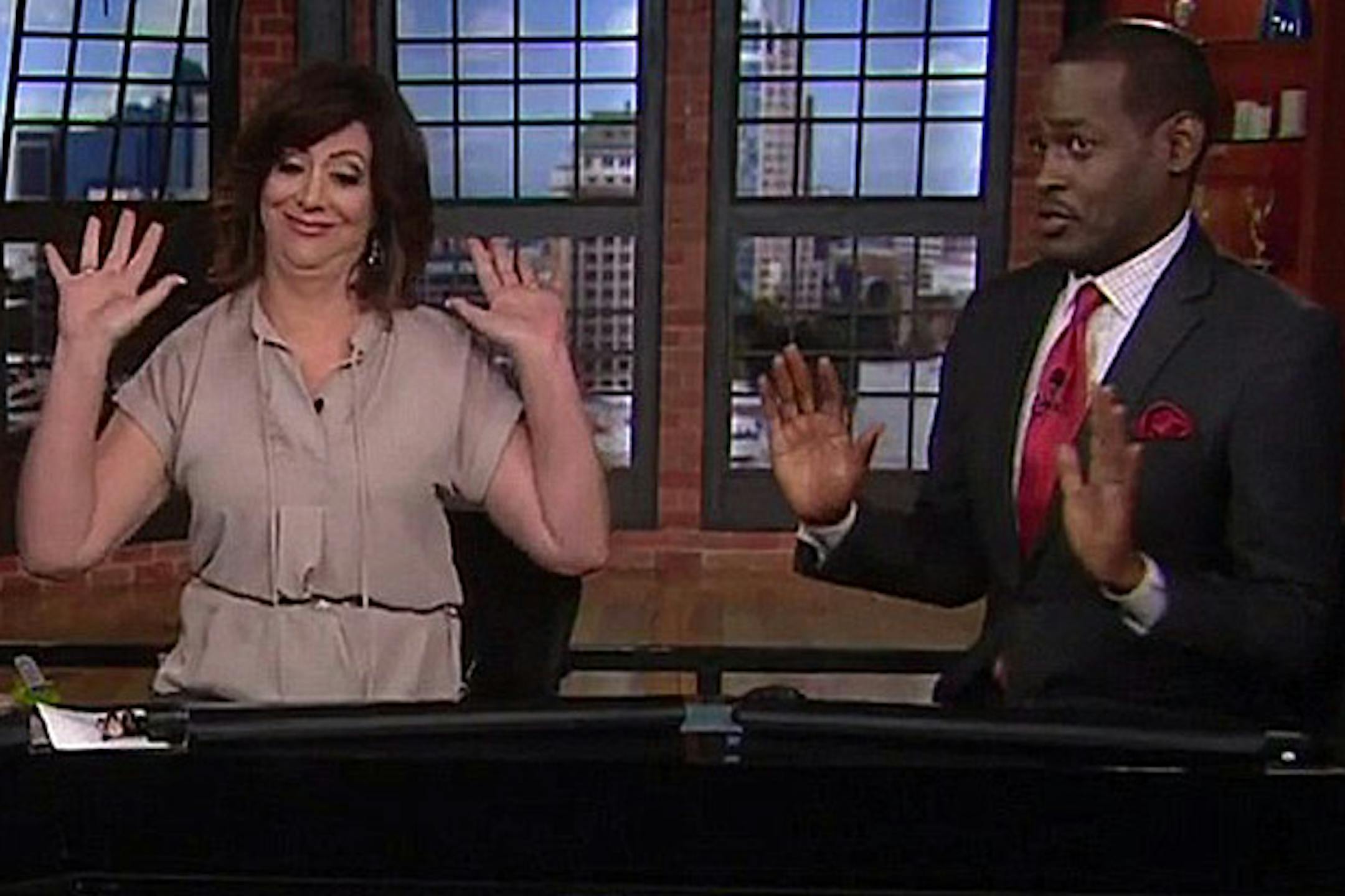 "Good Day Sacramento" anchors react after an interview with actress Cara Delvingne.