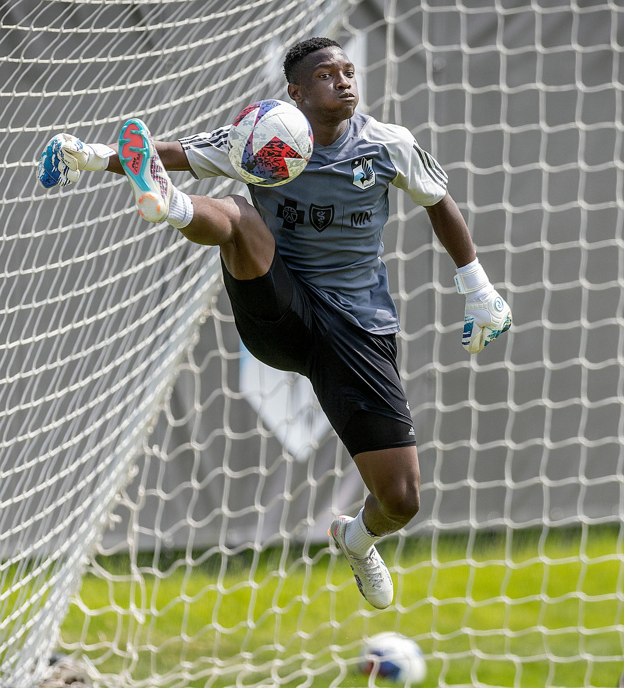 Minnesota United forward Bongokuhle Hlongwane shows off his goalie skills after practice at the National Sports Center in Blaine, Minn., on Thursday, May 25, 2023.