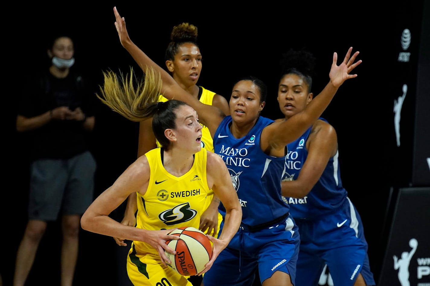 Seattle Storm forward Breanna Stewart (30) tries to get around Minnesota Lynx forward Napheesa Collier (24) during the first half of Game 1 of a WNBA basketball semifinal round playoff series Tuesday, Sept. 22, 2020, in Bradenton, Fla. (AP Photo/Chris O'Meara)