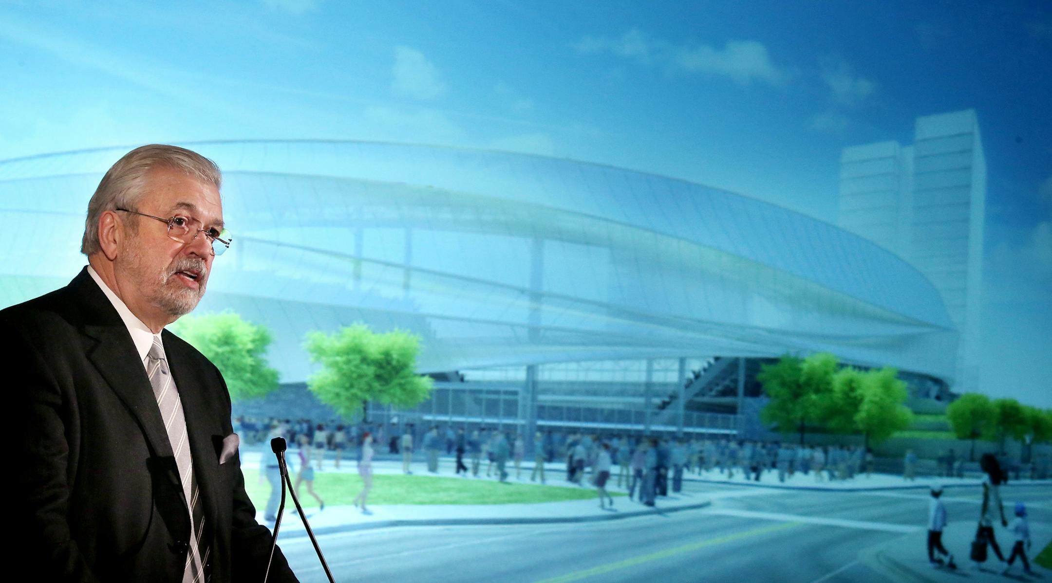 William McGuire owner of the Minnesota United FC showed renderings of the new soccer stadium at press conference Wednesday Feb 24, 2016 in St. Paul, MN. ] Officials with the soccer team and RK Midway, the owner of the Midway Shopping Center released renderings of the proposed new soccer stadium and the planned redevelopment in the surrounding neighborhood. Jerry Holt/Jerry.Holt@Startribune.com ORG XMIT: MIN1602241601070671