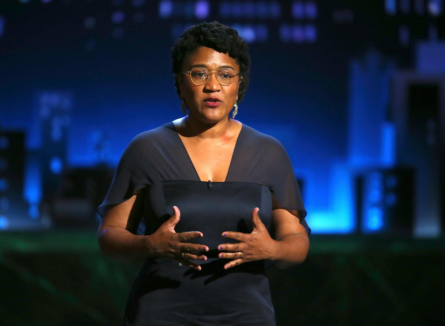 FILE - Lynn Nottage presents a performance by the cast of "Sweat" at the 71st annual Tony Awards on June 11, 2017, in New York. Nottage is one of eight writers contributing new works to "Theatre for One," a portable theater that has now gone online where one audience member sees one short play performed by a single actor. In response to both the COVID-19 crisis and the Black Lives Matter movement, the company will feature microplays all written and directed by Black, indigenous and women of color.(Photo by Michael Zorn/Invision/AP)