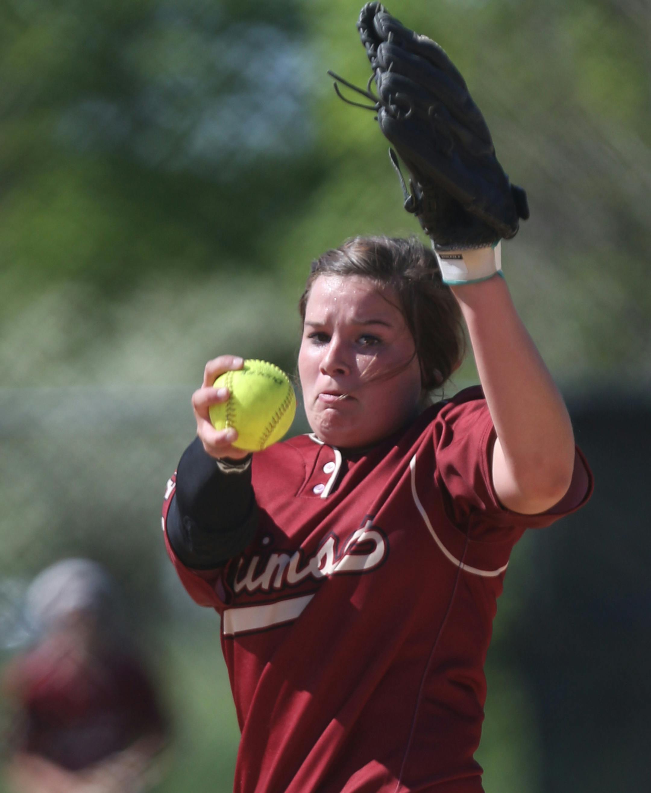 Maple Grove's Sydney Smith pitching the second inning. ] (KYNDELL HARKNESS/STAR TRIBUNE) kyndell.harkness@startribune.com Maple Grove vs Spring Lake Park in the Section 5, 3A championship game in Shoreview, Min. Thursday, May 29, 2014.