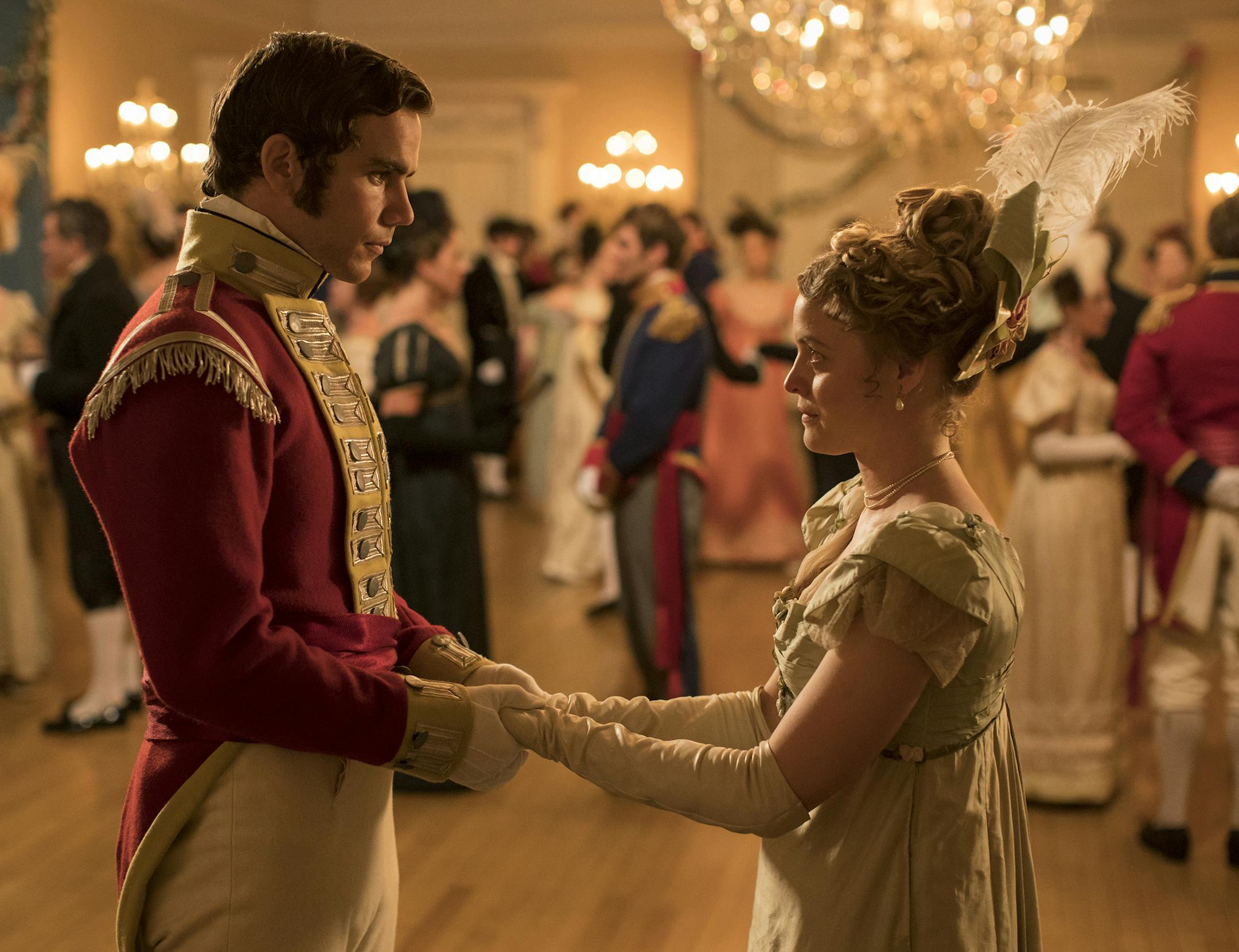 CORRECTS TITLE TO BELGRAVIA - This image released by Epix shows Jeremy Neumark Jones as Lord Edmund Bellasis, left, and Emily Reid as Sophia Trenchard in a scene from Julian Fellowes' latest series "Belgravia." (Colin Hutton/Carnival Films/Epix via AP)