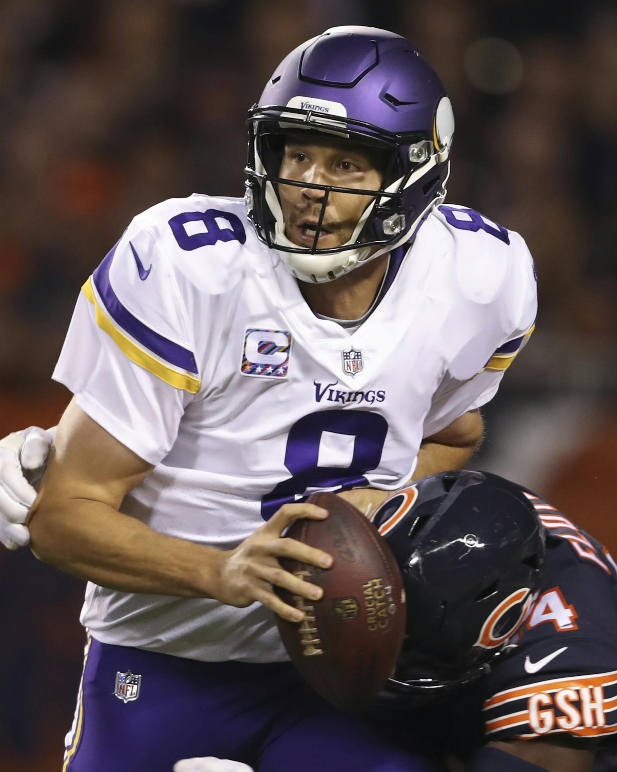 Minnesota Vikings quarterback Sam Bradford (8) was sacked in the end zone by Chicago Bears outside linebacker Leonard Floyd (94) for a safety in the first quarter. ] JEFF WHEELER &#xef; jeff.wheeler@startribune.com The Minnesota Vikings faced the Chicago Bears in an NFL Monday Night Football game on October 9, 2017 at Soldier Field in Chicago.