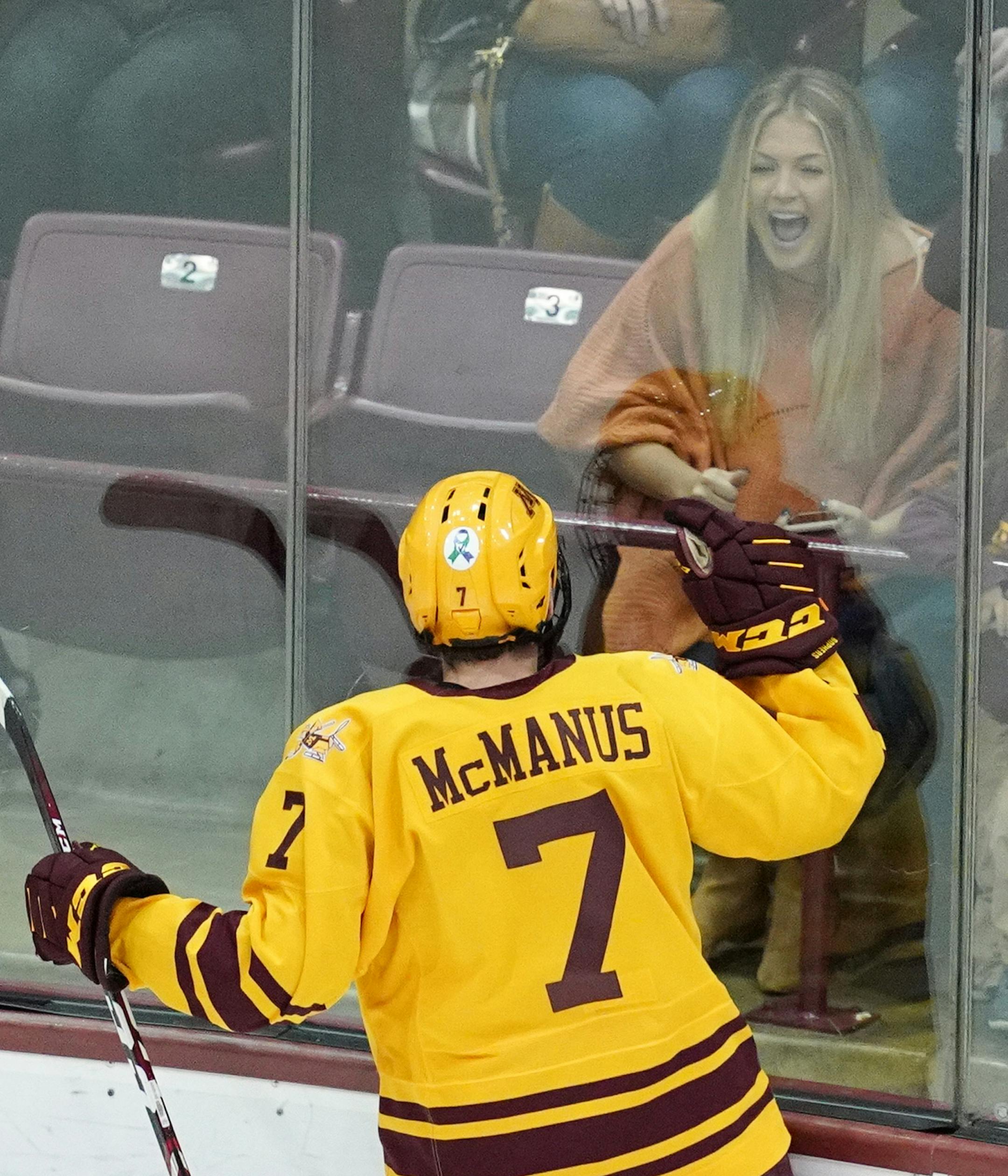 Gophers forward Brannon McManus (7) celebrated after scoring past Notre Dame Fighting Irish goaltender Cale Morris (32) to give the Gophers their first goal of the game in the first period. ] ANTHONY SOUFFLE • anthony.souffle@startribune.com The Minnesota Golden Gophers played the Notre Dame Fighting Irish in an NCAA men's hockey game Saturday, Nov. 2, 2019 at the University of Minnesota's 3M Arena at Mariucci in Minneapolis.
