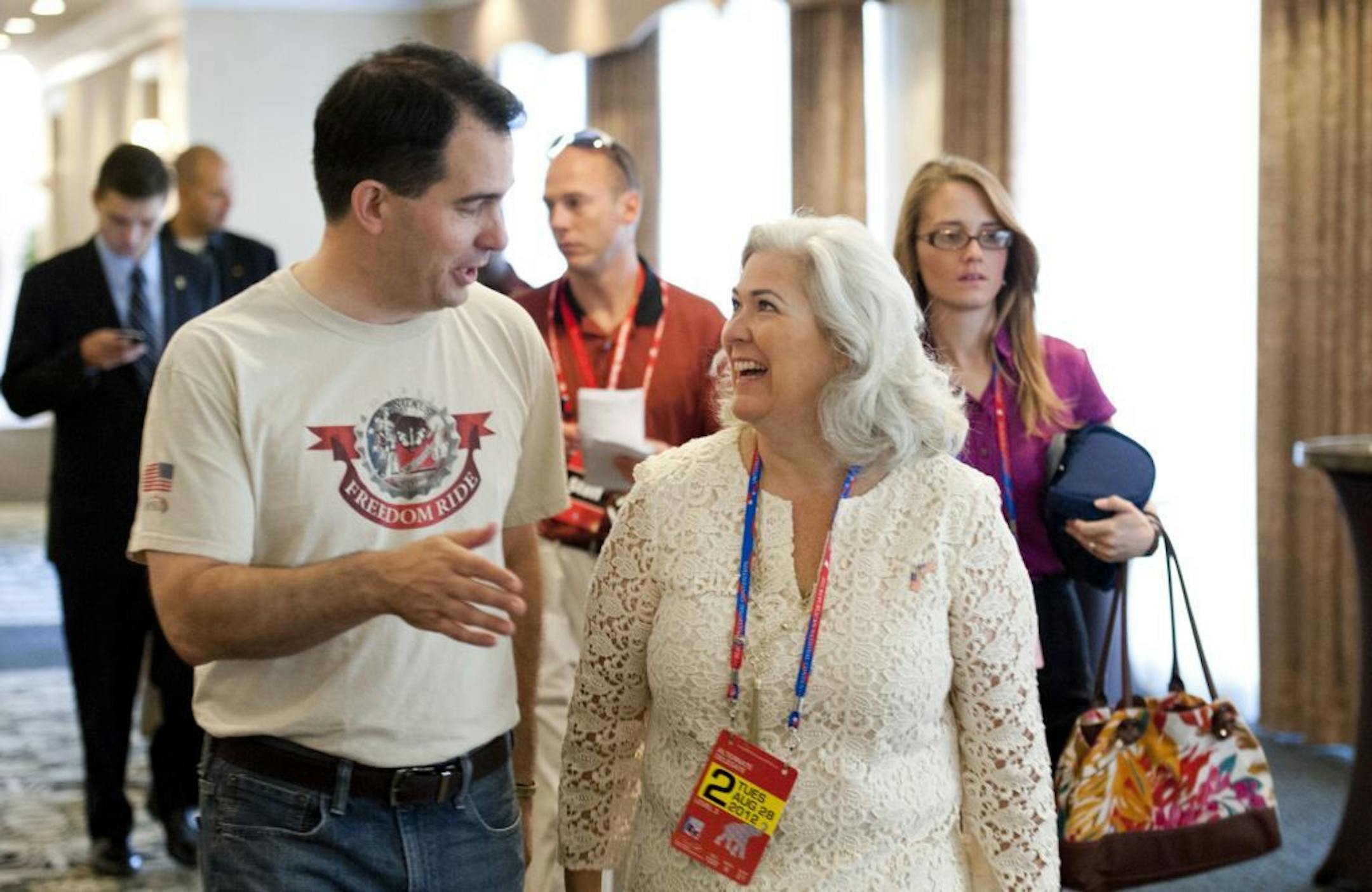 Minnesota GOP delegation co-chair Kelley Fenton, right greeted Wisconsin Governor Scott Walker as he arrived in St. Petersburg, FL to speak to the MInnesota delegation Tuesday August 28, 2012