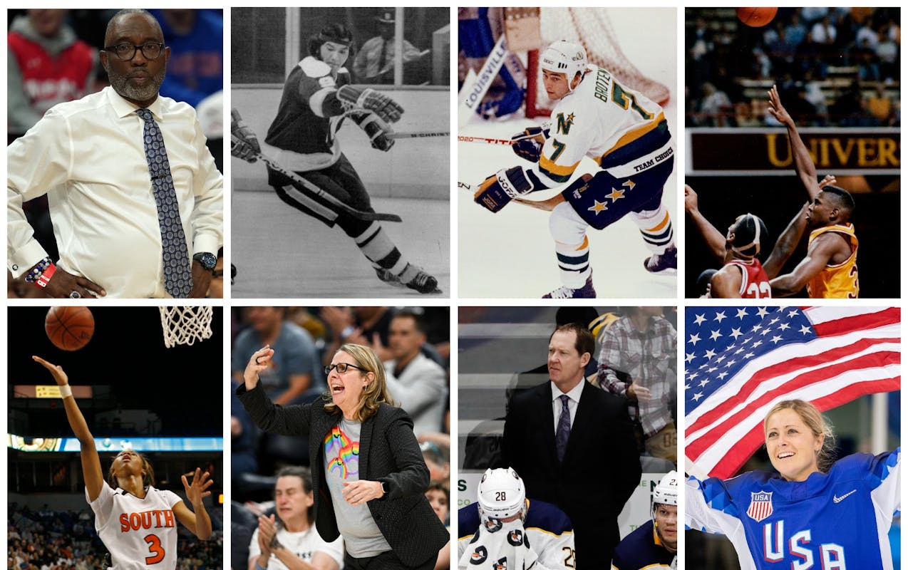 Clockwise from top left: Larry McKenzie, Henry Boucha, Neal Broten, Willie Burton, Gigi Marvin, Phil Housley, Cheryl Reeve and Tayler Hill.