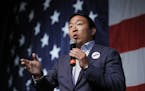 Democratic presidential candidate Andrew Yang speaks at the Iowa Democratic Wing Ding at the Surf Ballroom, Friday, Aug. 9, 2019, in Clear Lake, Iowa.
