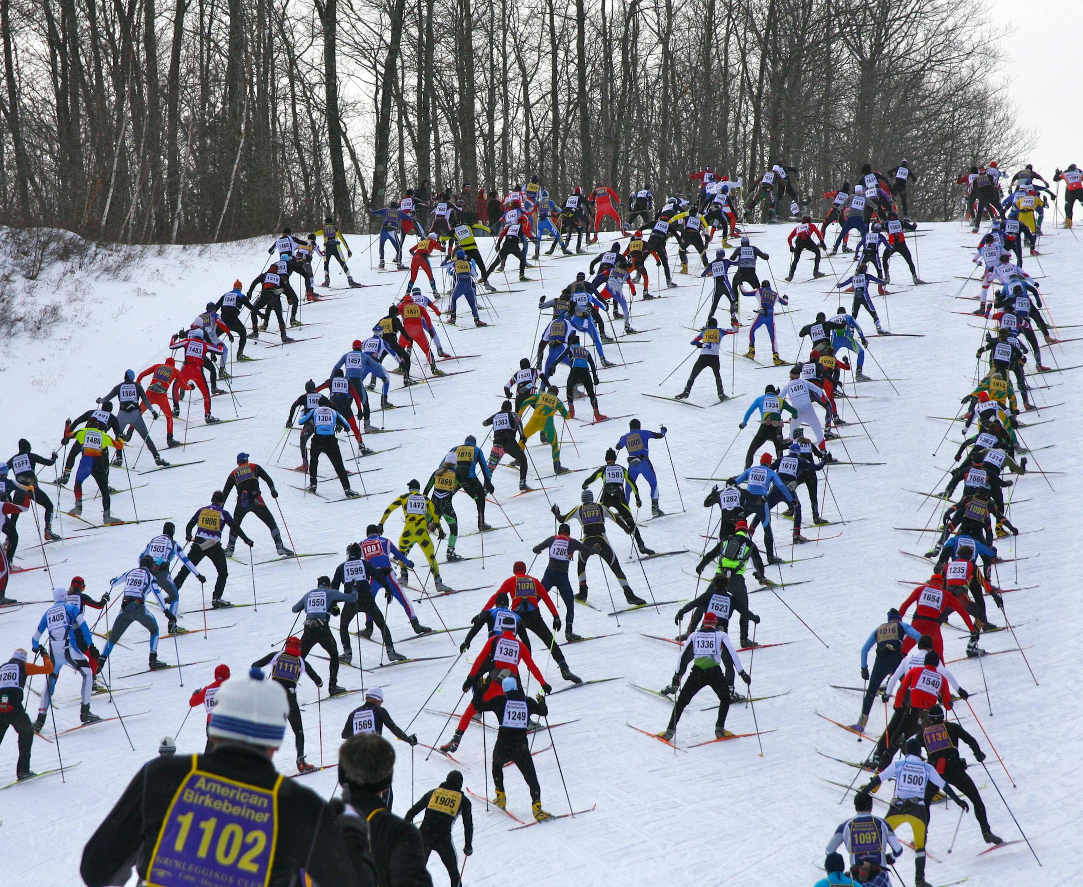 Racers climbed an early hill in the Birkebeiner ski race from Cable to Hayward, Wis. (Photo courtesy of Judy Young)