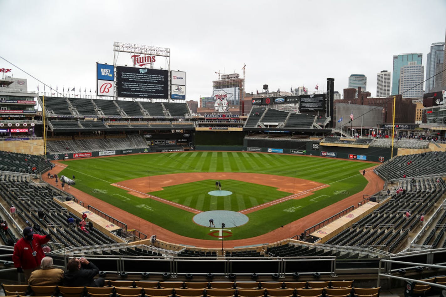 A view of Target Field after a postponement was announced for the game between the Boston Red Sox and Minnesota Twins at Target Field on April 12, 2021 in Minneapolis, Minnesota. The game was postponed a day after a Brooklyn Center police officer shot and killed 20-year-old Daunte Wright during a traffic stop. (Photo by David Berding/Getty Images/TNS) ORG XMIT: 13577691W