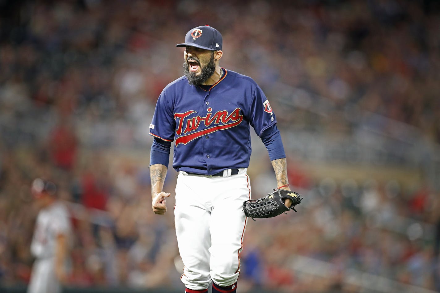 Minnesota Twins relief pitcher Sergio Romo (54) celebrated retiring the side in the eighth inning. ] LEILA NAVIDI &#x2022; leila.navidi@startribune.com BACKGROUND INFORMATION: The Minnesota Twins play the Washington Nationals at Target Field in Minneapolis on Tuesday, September 10, 2019. The Minnesota Twins won the game 5-0.