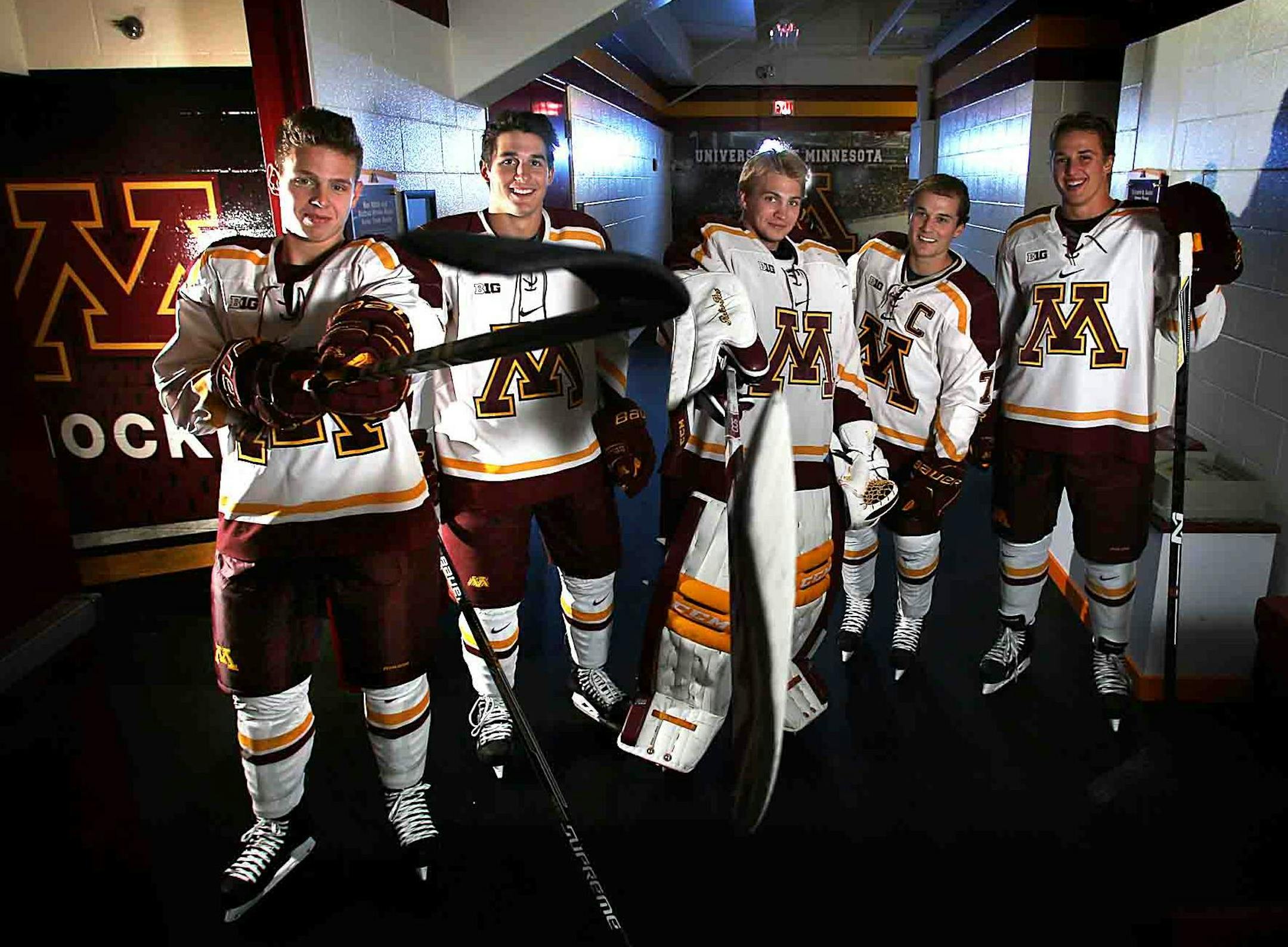 Players returning to the Gophers men‚Äôs hockey team for a possible run at the national title include (l to r): Mike Reilly, Brady Skjei, goalie Adam Wilcox, Kyle Rau and Hudson Fasching. ] JIM GEHRZ ‚Ä¢ jgehrz@startribune.com / Minneapolis, MN / Oct. 1, 2014 / 3:30 PM
