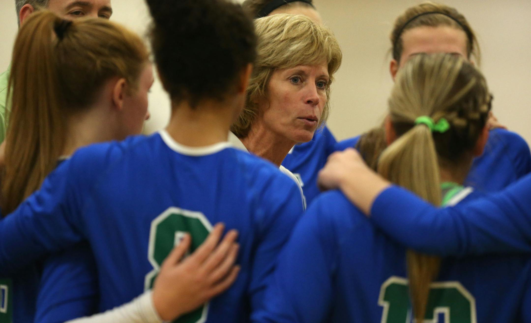 Eagan head coach Kathy Gillen-Melville talked with her team during a time out during their game against Prior Lake in Eagan, Min., Tuesday, October 15, 2013 ] (KYNDELL HARKNESS/STAR TRIBUNE) kyndell.harkness@startribune.com