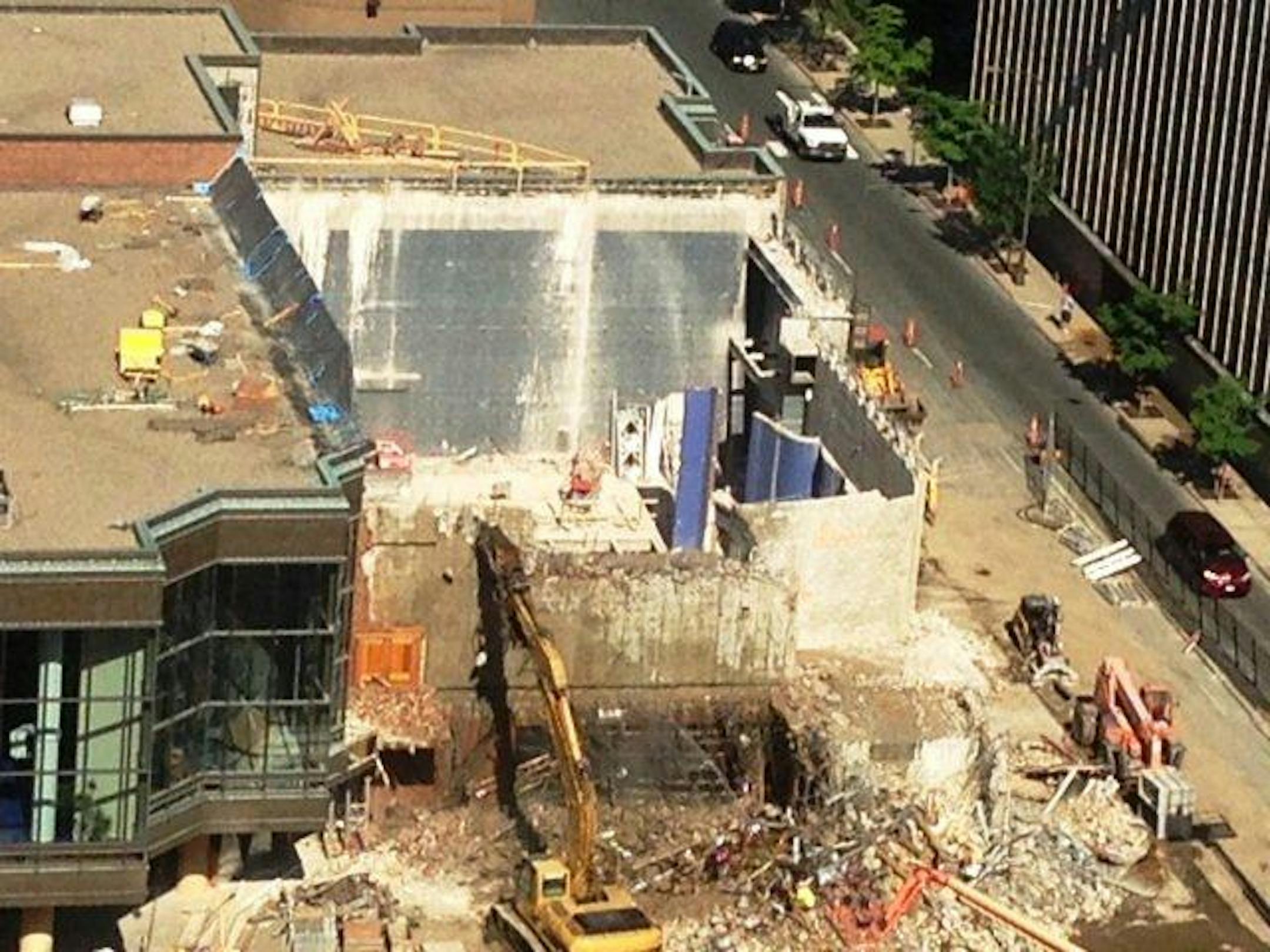 View of the demolition of the McKnight Theater at Ordway Center to make way for a new concert hall.