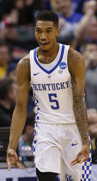 Kentucky Wildcats guard Malik Monk (5) reacts after hitting a three-pointer against Wichita State on Sunday, March 19, 2017, in Indianapolis, Ind. Sec