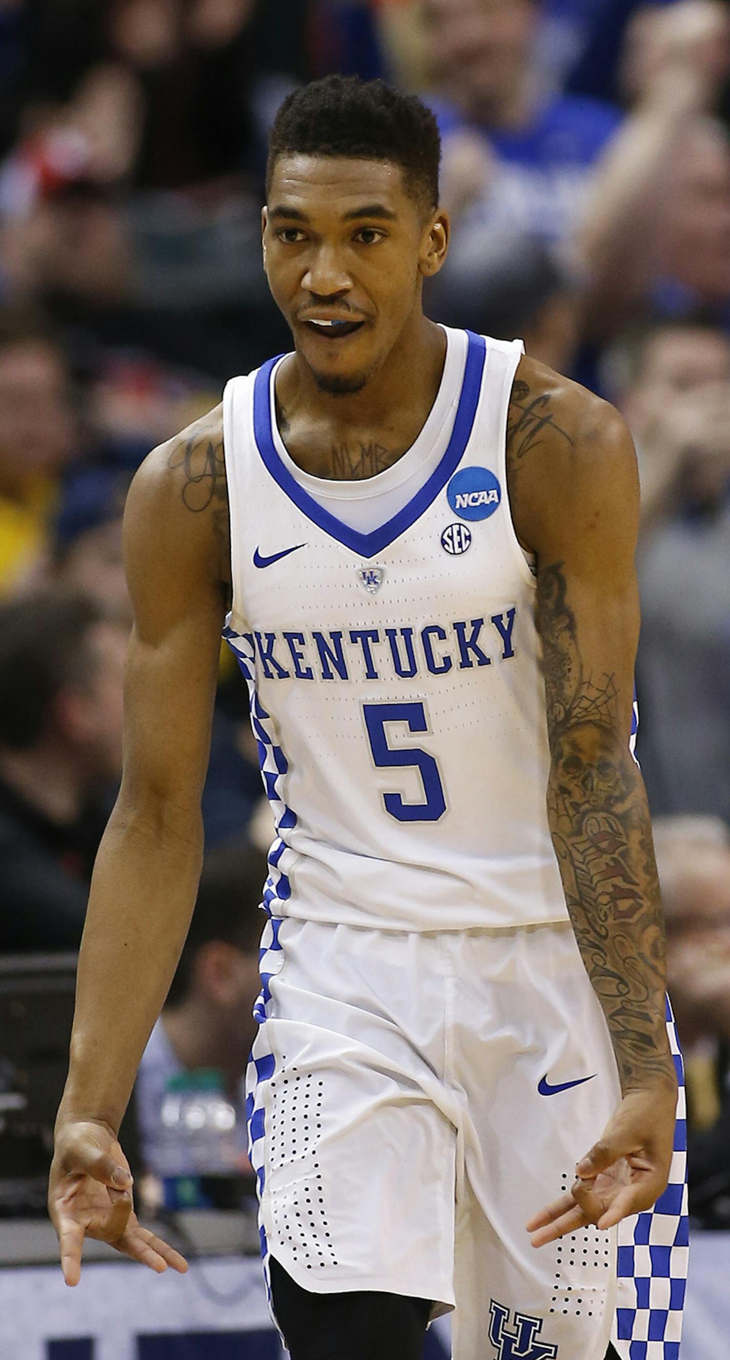 Kentucky Wildcats guard Malik Monk (5) reacts after hitting a three-pointer against Wichita State on Sunday, March 19, 2017, in Indianapolis, Ind. Second seed Kentucky defeated 10th seed Wichita State 65-62. (Sam Riche/TNS) ORG XMIT: 1199191