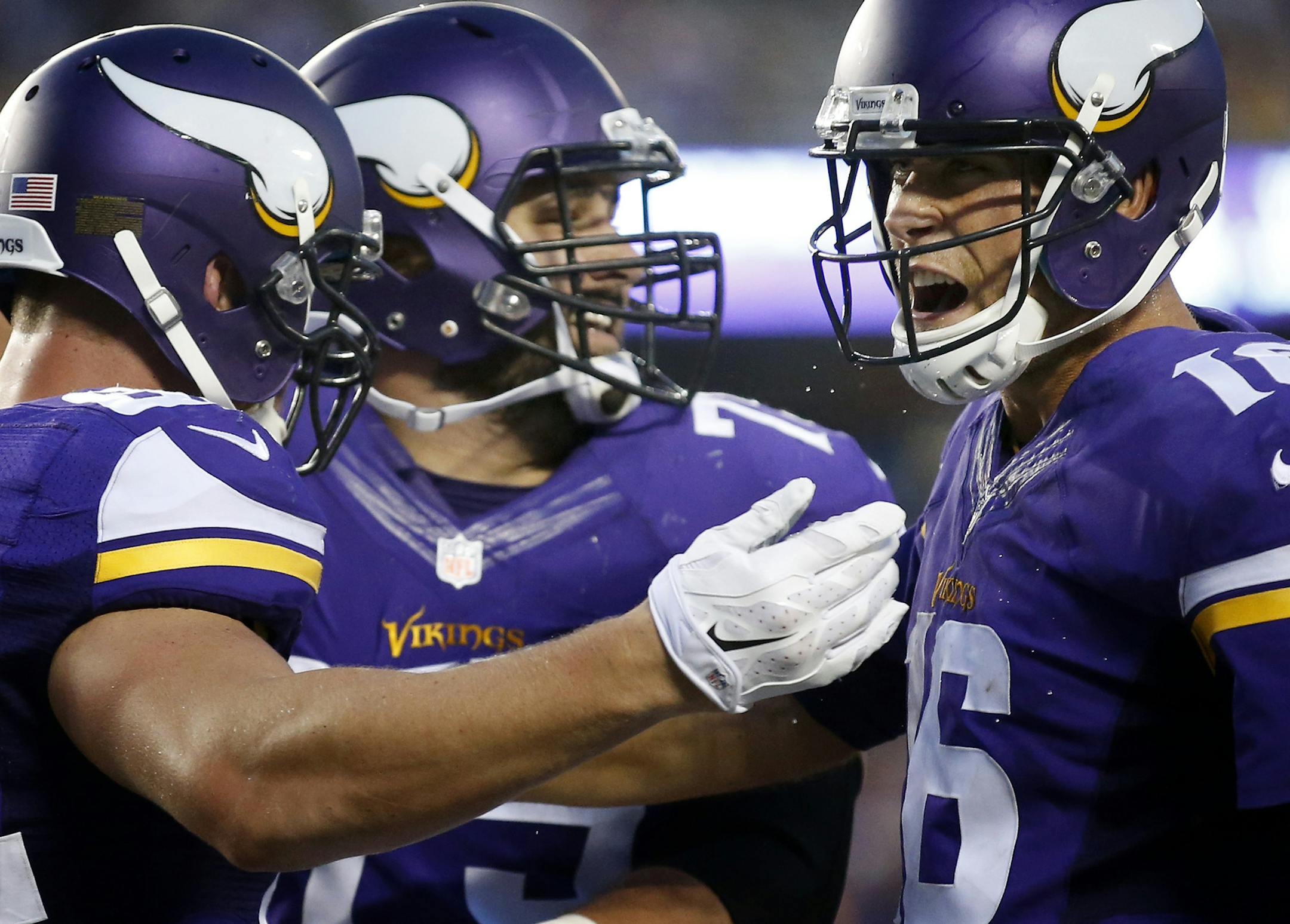 Kyle Rudolph (82) Matt Kalil (75) and Matt Cassel (16) celebrated after a 51- yard catch and run touchdown in the second quarter. ] CARLOS GONZALEZ cgonzalez@startribune.com - August 16, 2014 , Minneapolis, Minn., NFL, TCF Bank Stadium, Minnesota Vikings vs. Arizona Cardinals