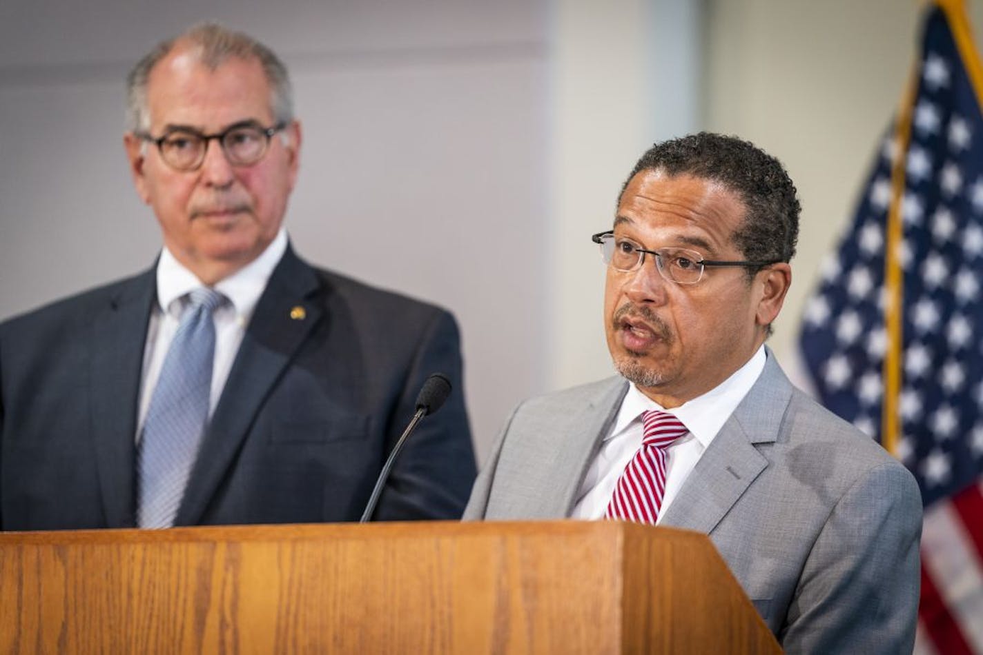 Minnesota Attorney General Keith Ellison spoke about new charges filed against the former police officers in the killing of George Floyd. With Ellison was Hennepin County Attorney Mike Freeman.