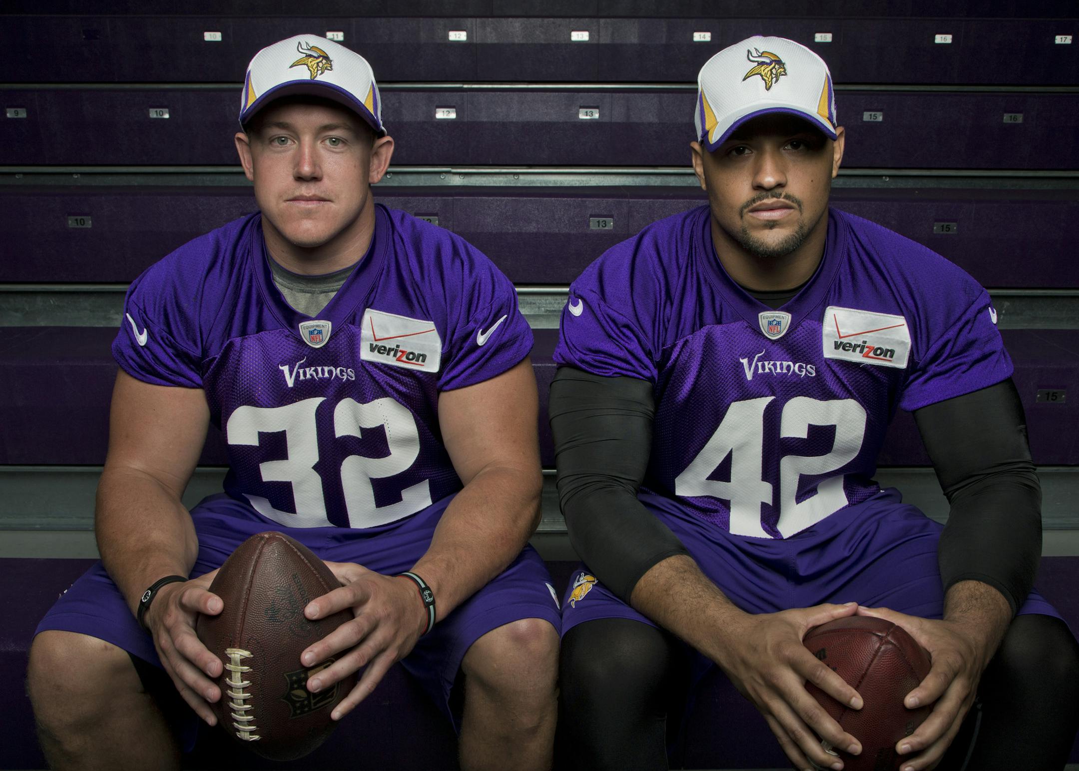 Minnesota Vikings running back Toby Gerhart (32) and fullback Jerome Felton (42). ] CARLOS GONZALEZ cgonzalez@startribune.com July 31, 2013, Minnesota Vikings Training Camp, Mankato, Minn., Minnesota State University, Mankato -