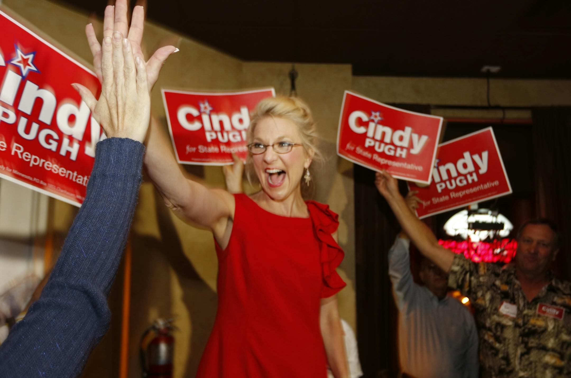 At the School II Bistro & Wine Bar In Chanhassen, Cindy Pugh was celebrating over an imminent victory over state representative Steve Smith in the Republican primary.