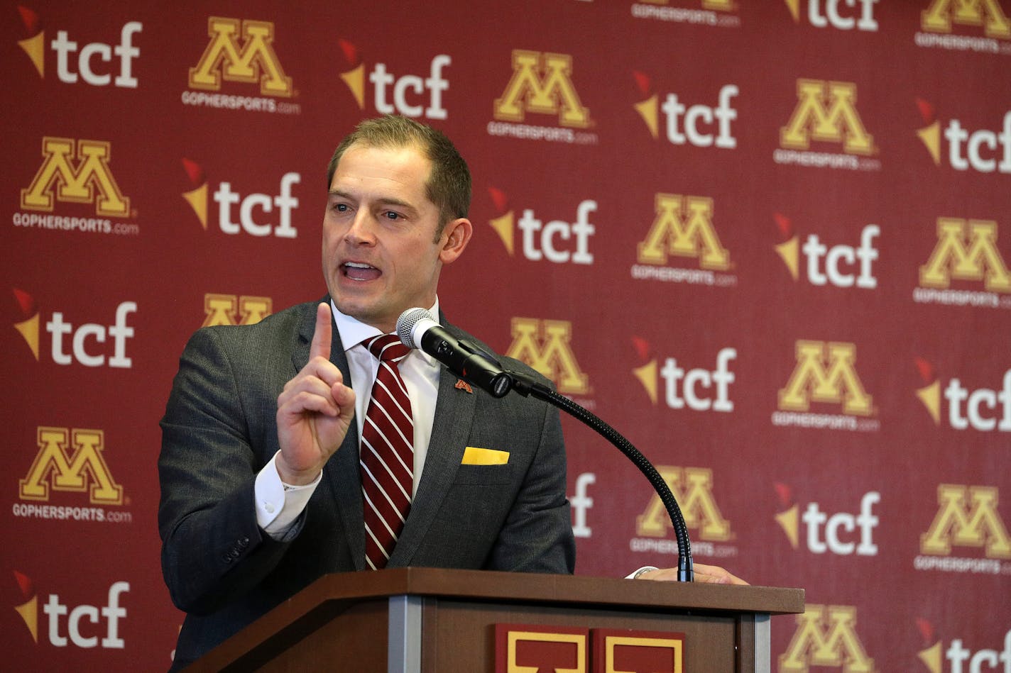 Newly named University of Minnesota football coach P.J. Fleck spoke during a press conference Friday. ] ANTHONY SOUFFLE &#x2022; anthony.souffle@startribune.com University of Minnesota athletic director Mark Coyle and newly name football coach P.J. Fleck held a press conference Friday, Jan. 6 2017 in the Indoor Club Room at TCF Bank Stadium in Minneapolis.