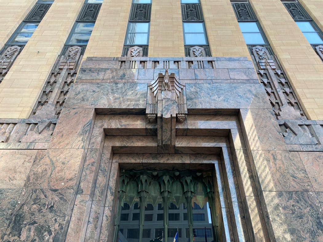The façade of the Lumen Technologies Building in downtown Minneapolis is made of Morton gneiss. The 1932 building was originally known as the Northwest Bell Telephone Building.