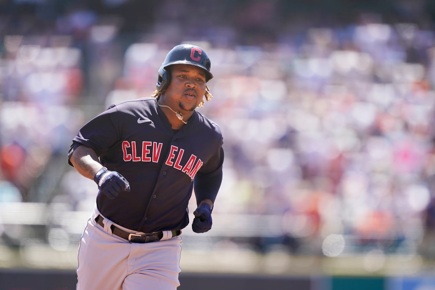 Cleveland Indians' Jose Ramirez rounds the bases after a two-run home run during the second inning of a baseball game against the Detroit Tigers, Sunday, Aug. 15, 2021, in Detroit. (AP Photo/Carlos Osorio)