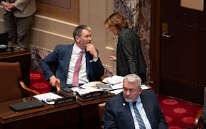 Senate Minority Leader Mark Johnson, R-East Grand Forks, and Senate Majority Leader Erin Murphy, DFL-St. Paul, exchange some heated words over the pac