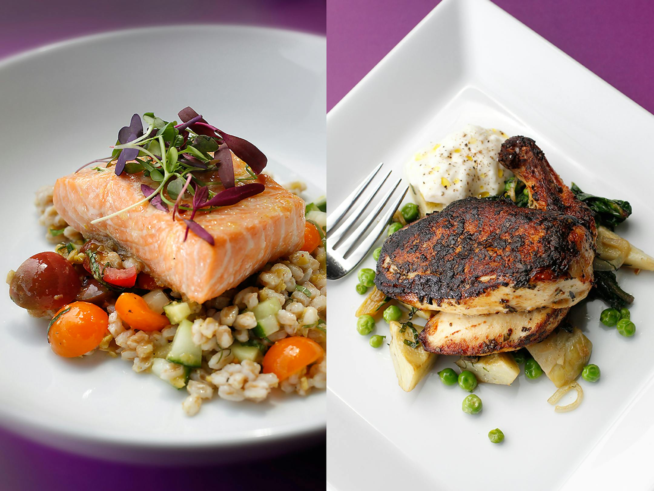 Slow cooked wild salmon, left, and organic chicken from Gather.