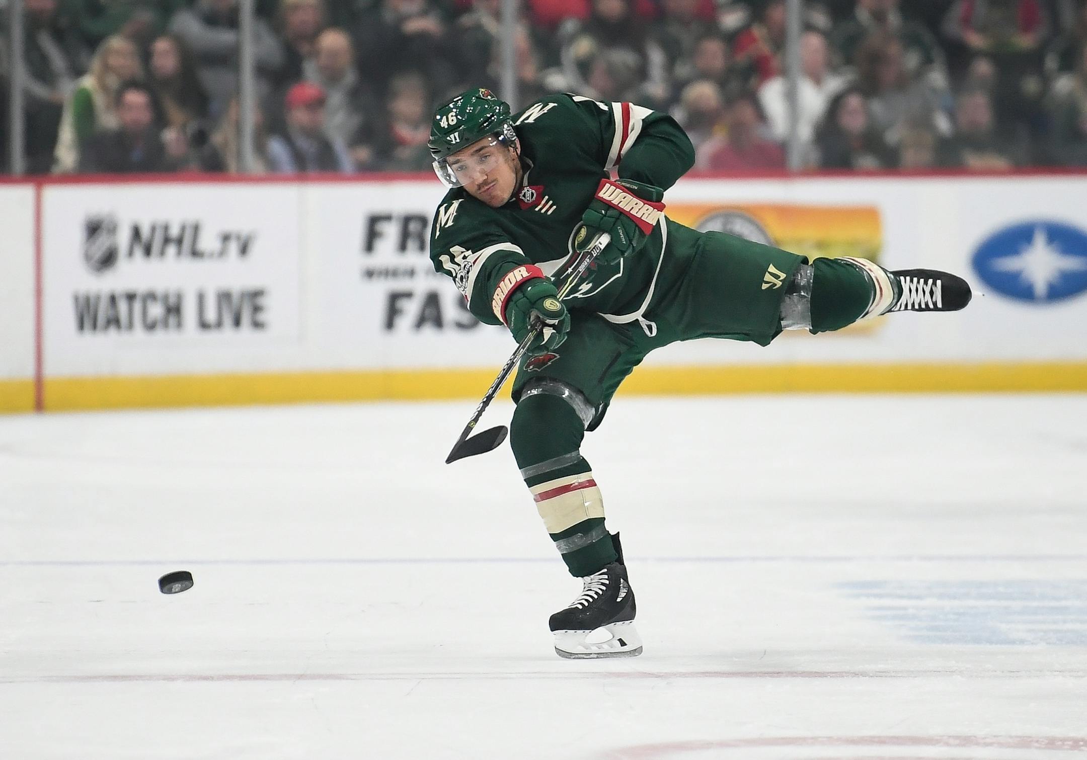 Minnesota Wild defenseman Jared Spurgeon (46) cleared the puck towards into Columbus' zone in the first period Saturday.