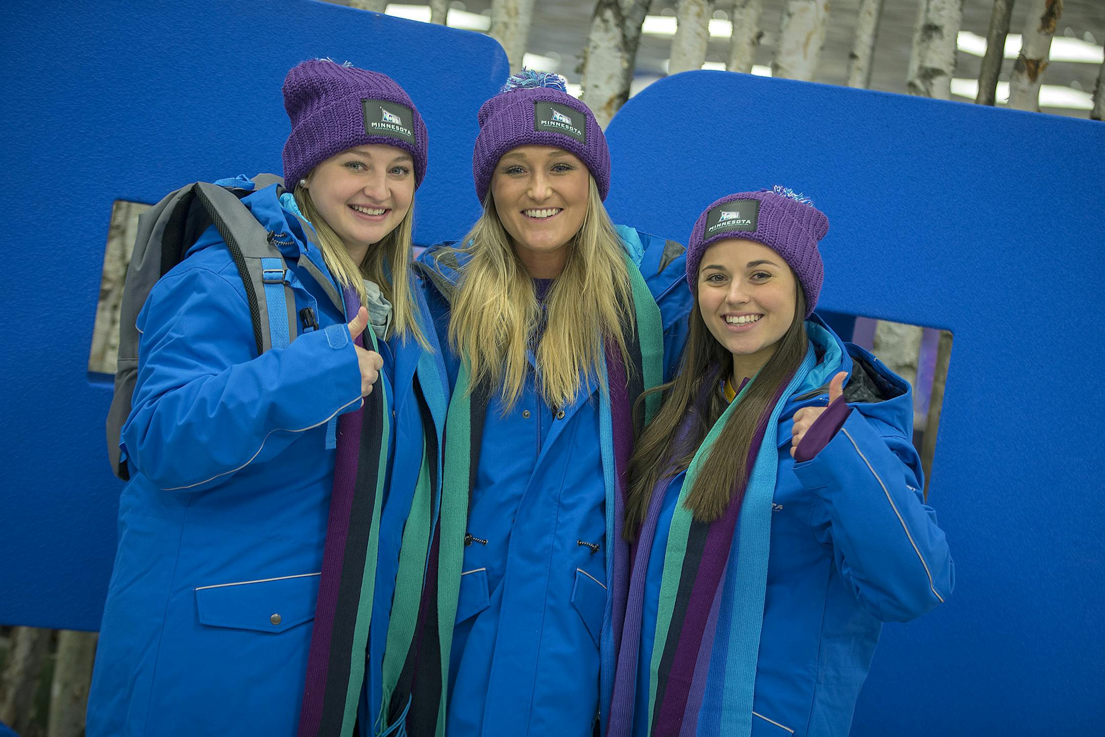 University of Minnesota-Mankato students from left, Cassie Evans, Kelsey Little, and Amanda Haupert, tried on the gear that they received and will be using after attending an orientation for Super Bowl volunteers, Thursday, January 18, 2017 in Minneapolis, MN. ] ELIZABETH FLORES &#xef; liz.flores@startribune.com