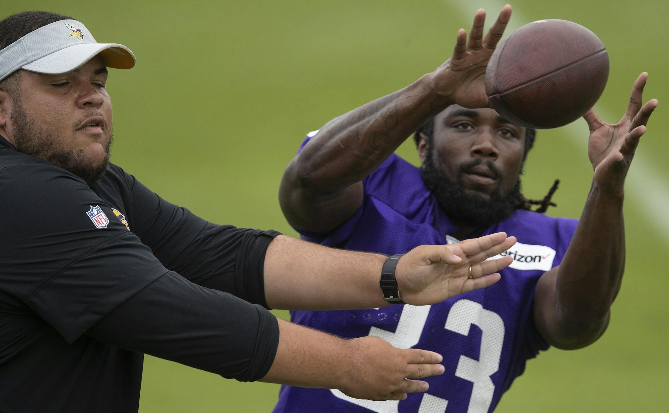 Minnesota Vikings running back Dalvin Cook (33) worked on catching drills during practice at TCO Performance Center on Sunday July, 28 2019 in Eagan, MN.