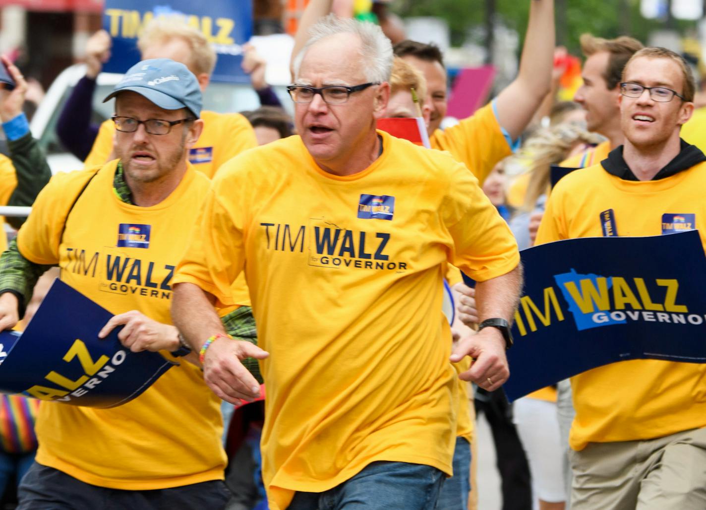 U.S. Rep. Tim Walz sprinted back and forth shaking hands and high-fiving at the Twin Cities Pride Parade. ] GLEN STUBBE &#xef; glen.stubbe@startribune.com Sunday June 25, 2017 U.S. Rep. Tim Walz -- a former geography teacher with no sense of direction -- is trying to plot a course from the House of Representatives to the governor's mansion. With Walz emerging as an unofficial frontrunner in a crowded DFL field for governor, we'll take a look at who he is and what he's done in a decade of serving