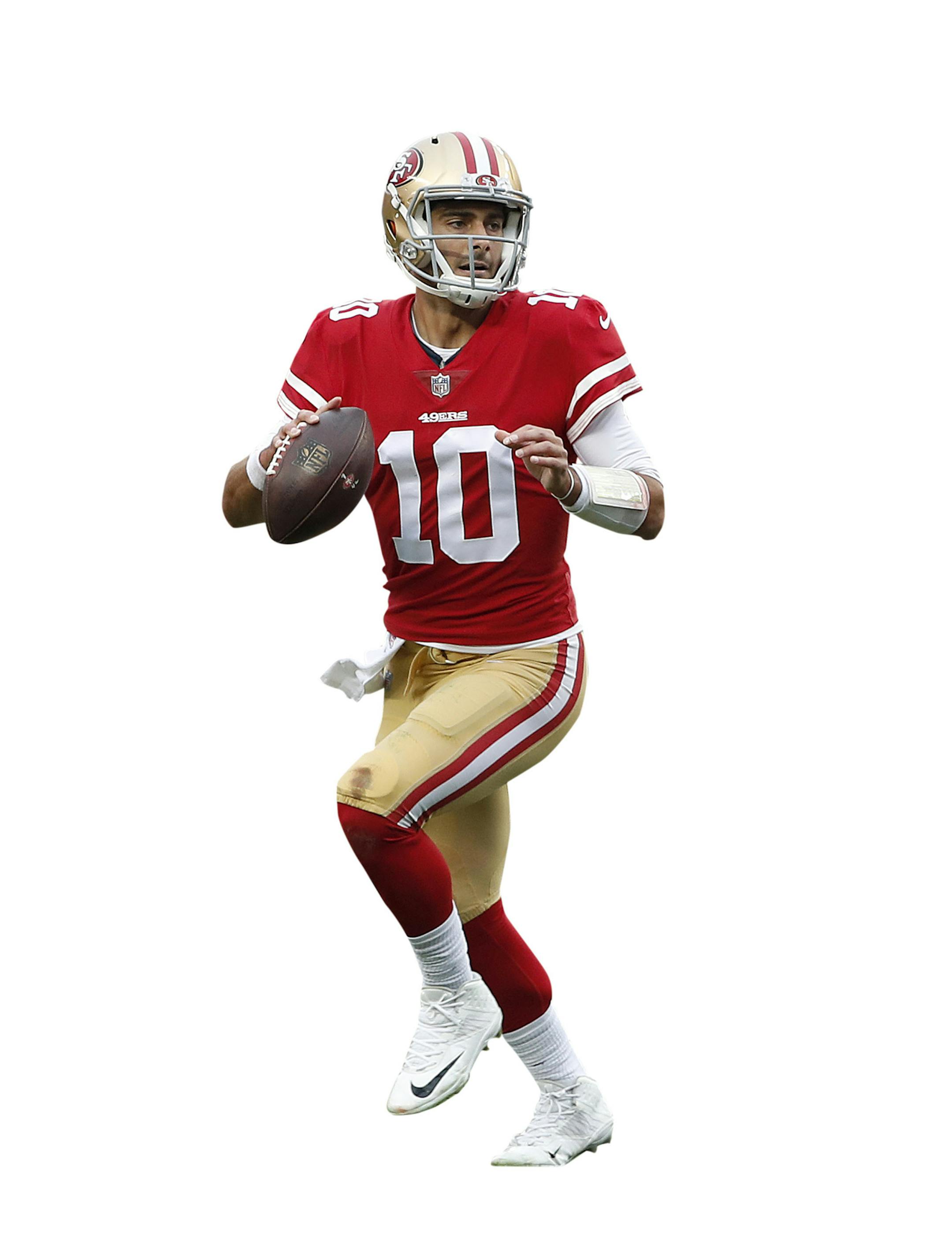 San Francisco 49ers quarterback Jimmy Garoppolo (10) passes against the Jacksonville Jaguars during the first half of an NFL football game in Santa Clara, Calif., Sunday, Dec. 24, 2017. (AP Photo/Tony Avelar) ORG XMIT: FXN ORG XMIT: MIN1803092204377136