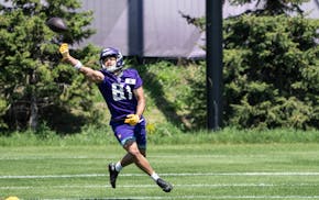 Wide receiver Montigo Moss, son of Randy Moss, runs drills during Vikings rookie minicamp Friday at TCO Performance Center.