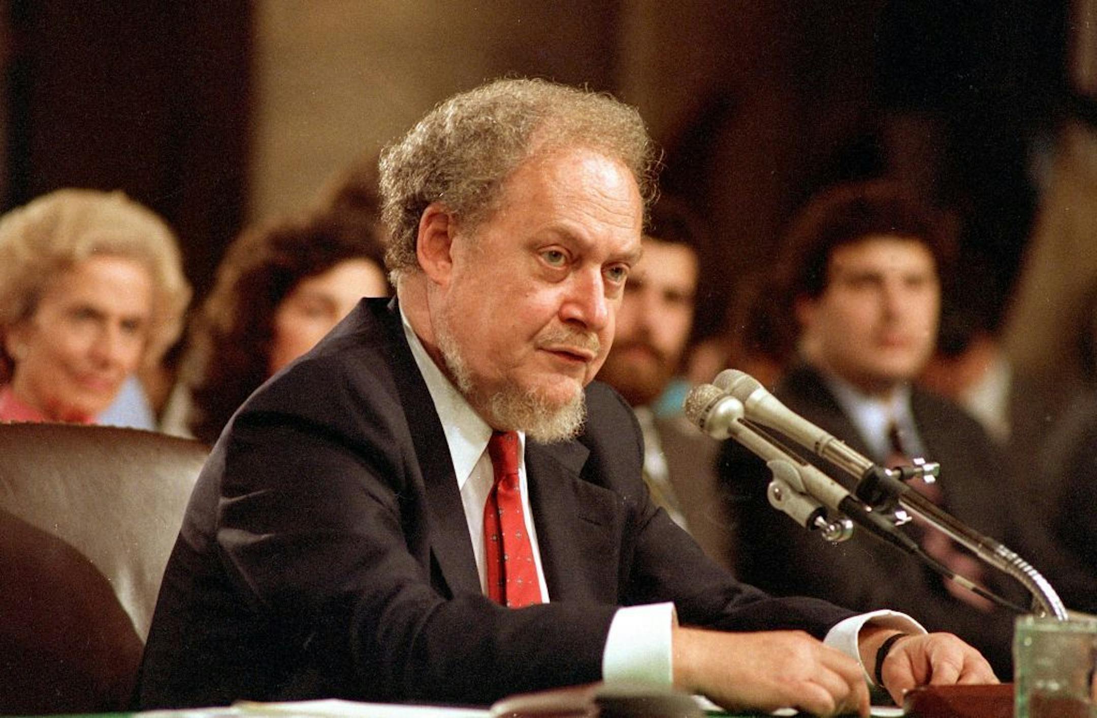 FILE - In this Sept. 16, 1987 file photo, U.S. Supreme Court nominee Robert H. Bork testifies before the Senate Judiciary Committee during his confirmation hearings on Capitol Hill. Robert Bork, whose failed Supreme Court nomination made history, has died.