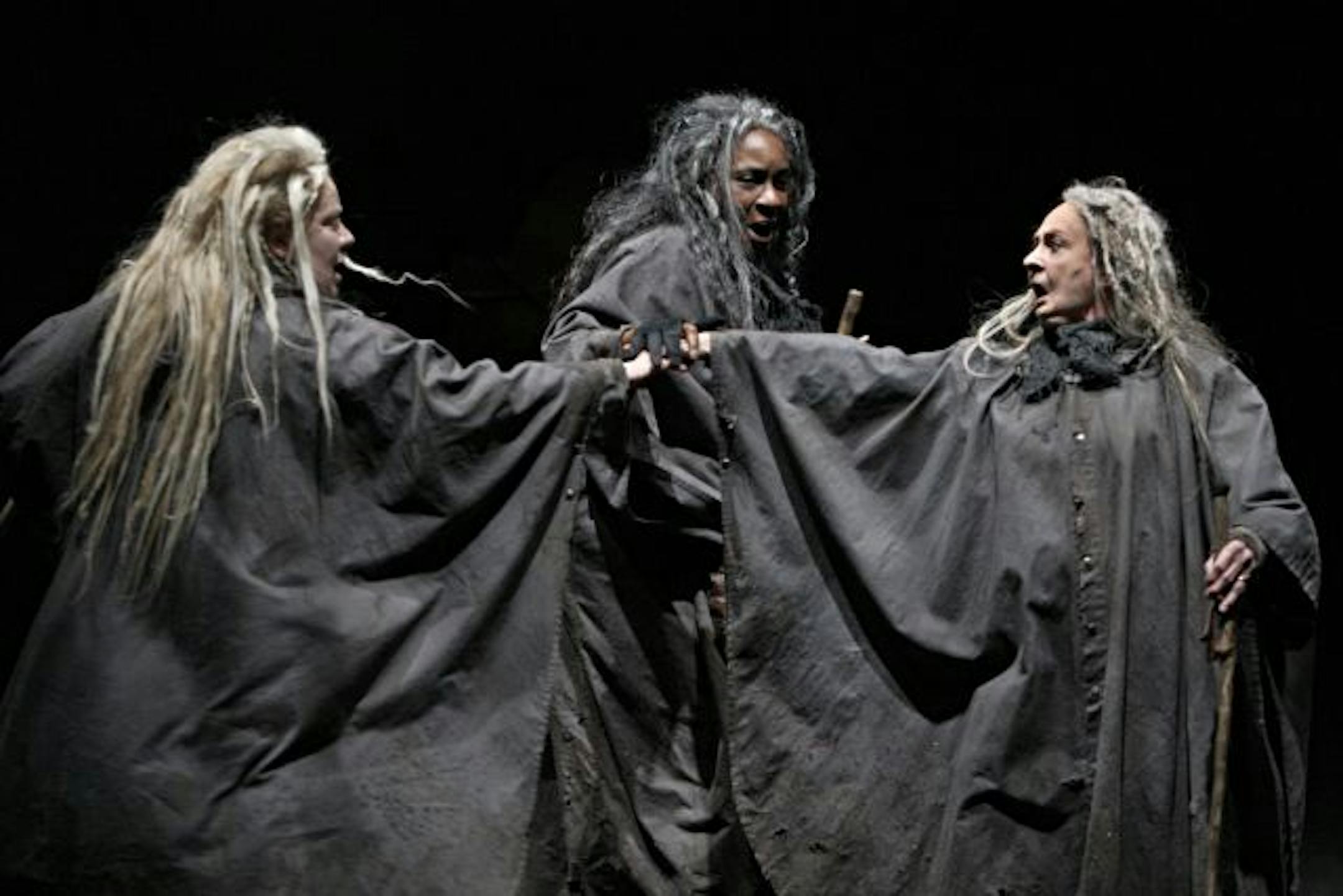 Suzanne Warmanen, Isabell Monk O'Connor and Barbara Bryne as the Weїrd Sisters in Shakespeare's MACBETH, directed by Joe Dowling with set and costume design by Monica Frawley. On the Wurtele Thrust Stage of the Guthrie Theater from January 30 through April 3, 2010.
