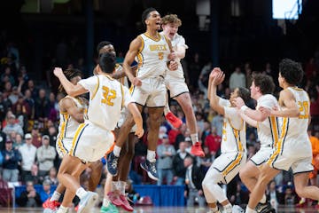 Standout Daniel Freitag (5) is at the center of the celebration after Breck defeated Lake City for the Class 2A state championship.